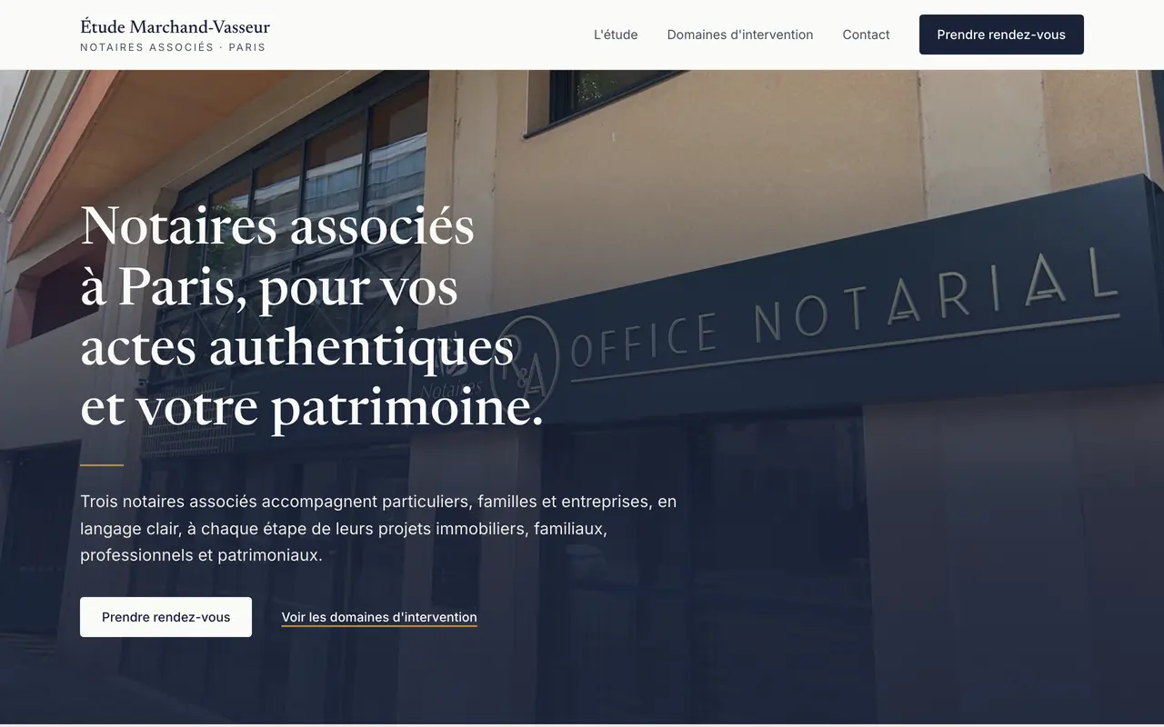 Page d’accueil du site Étude Marchand-Vasseur, office notarial à Paris 7e