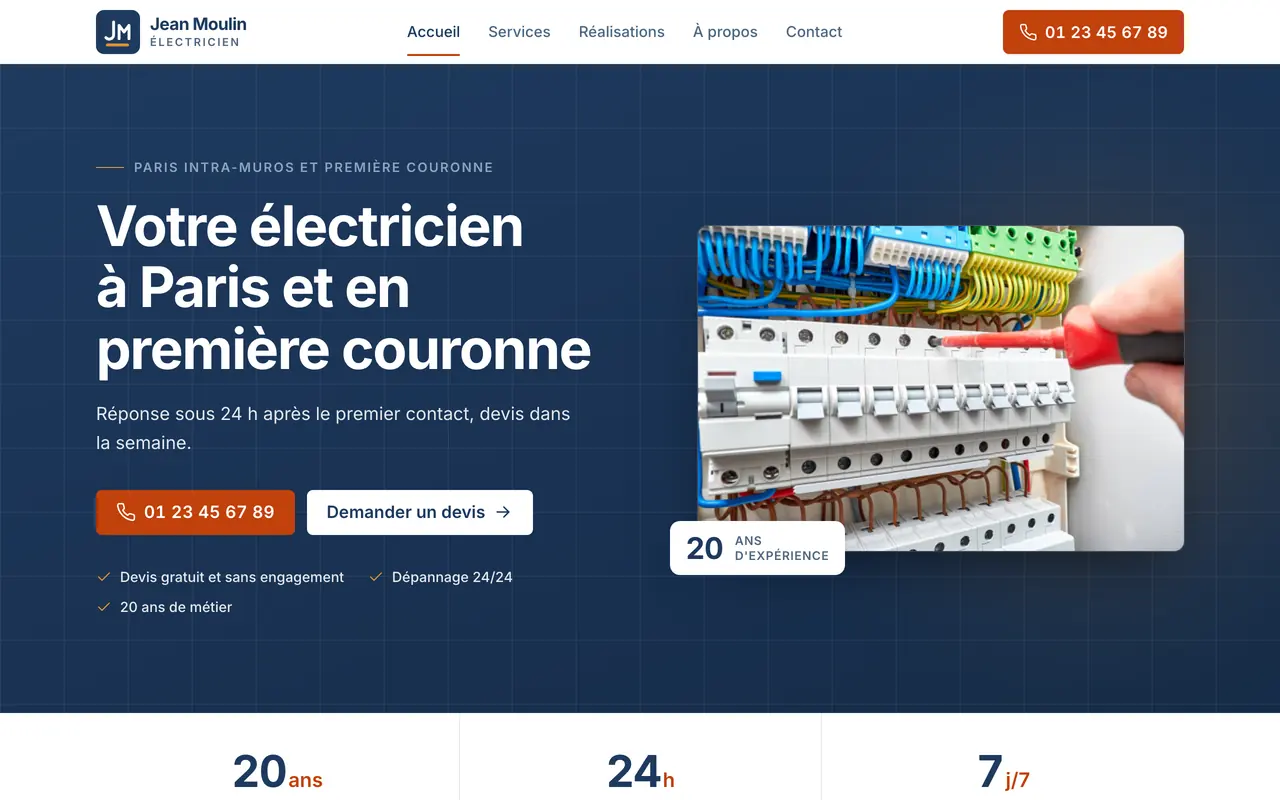 Page d’accueil du site Jean Moulin Électricien, électricien à Paris et première couronne