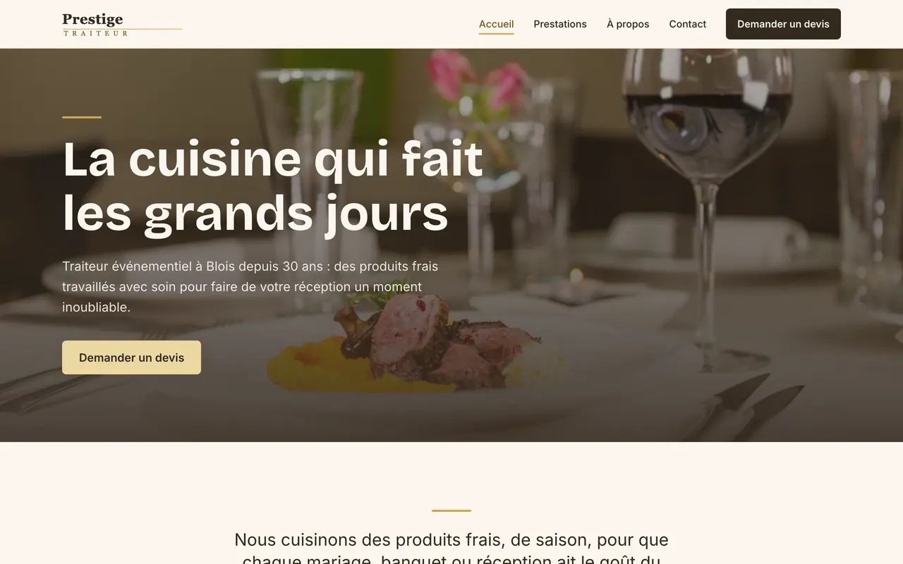 Page d’accueil du site Prestige Traiteur, traiteur événementiel à Blois